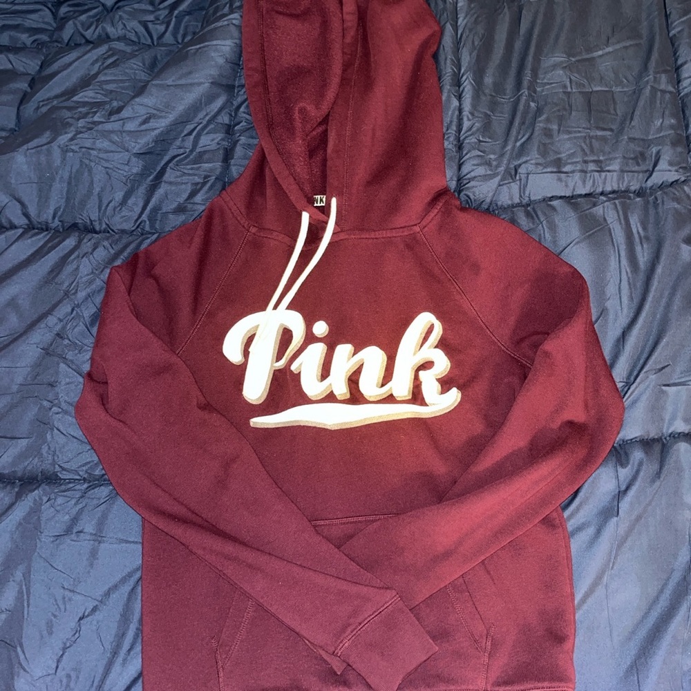 VS Pink Burgundy Hoodie with embroidered lettering